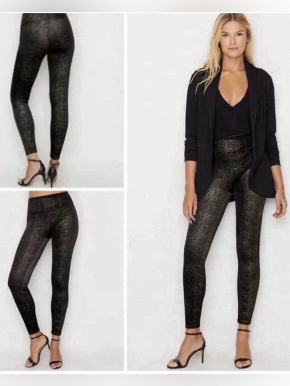 SPANX Velvet Shine Black Metallic-Print High-Waist Leggings Size XS NWOT